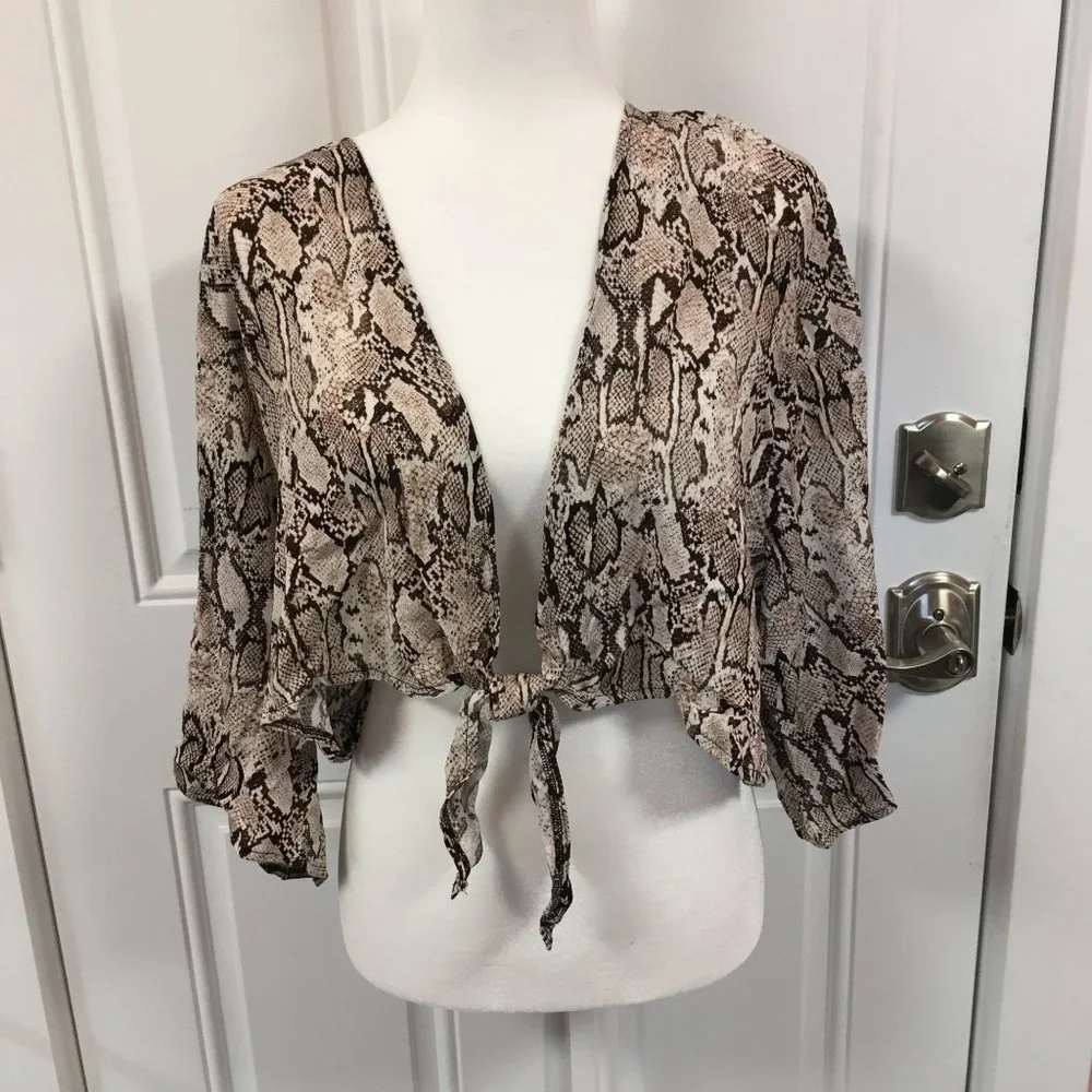NWT Shade & Shore Tie-Front Cover Up Shirt Tan Snake Skin Print Size XL